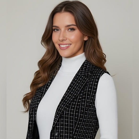 Black/White Plaid Double Breasted Lapel Collar Vest Coat - Picture 2 of 7
